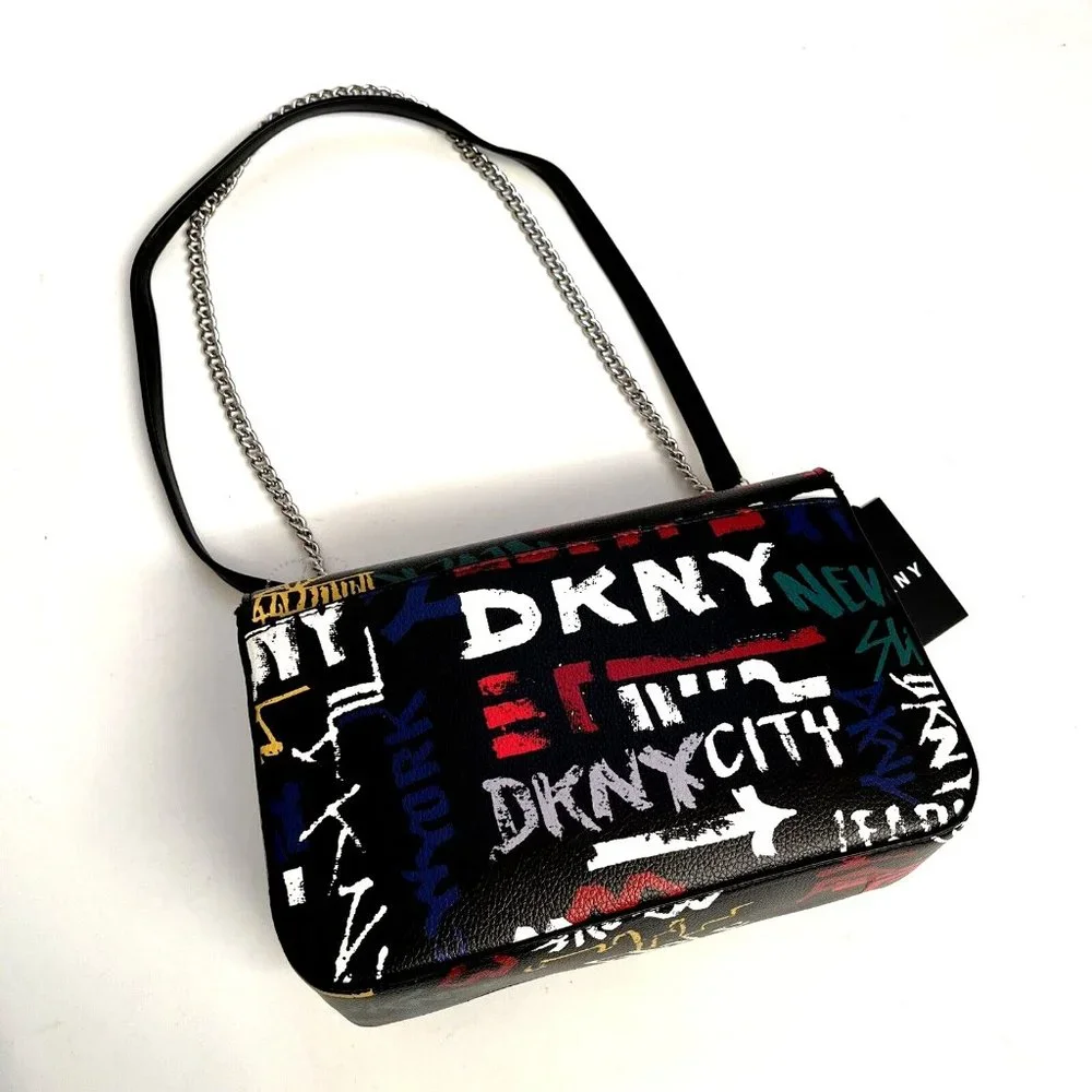 DKNY Cleo Medium Graffiti Crossbody Shoulder Bag Black Multi Logo Chain NWT $230